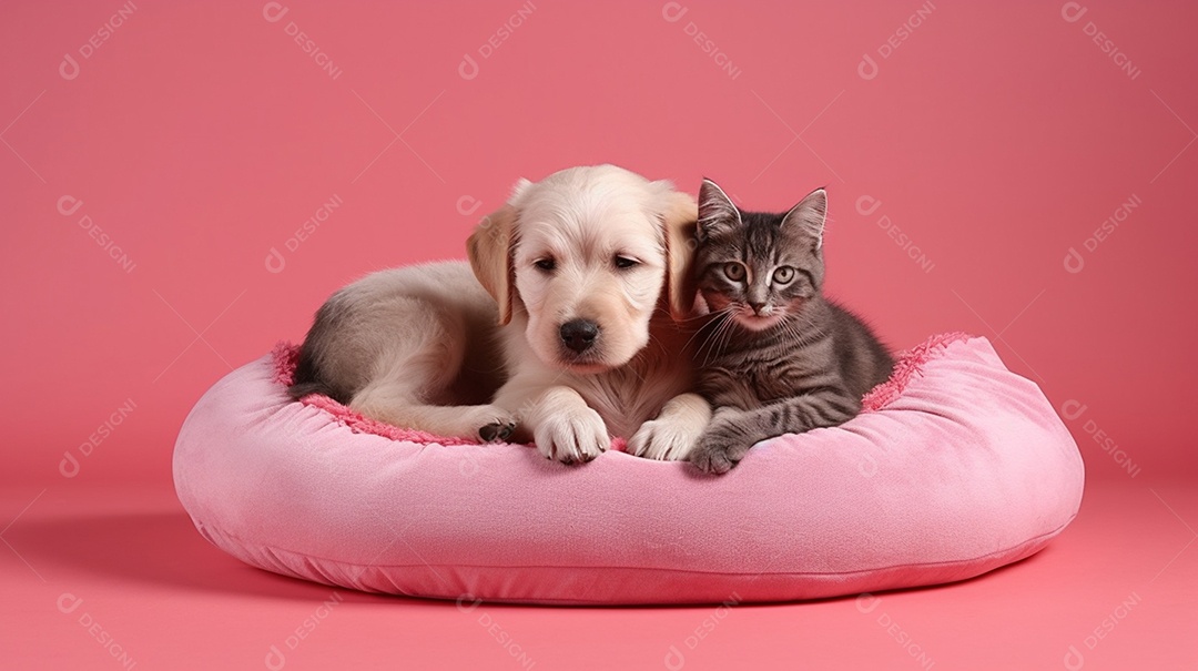 Filhotes de gato e cachorro deitados em fundo rosa