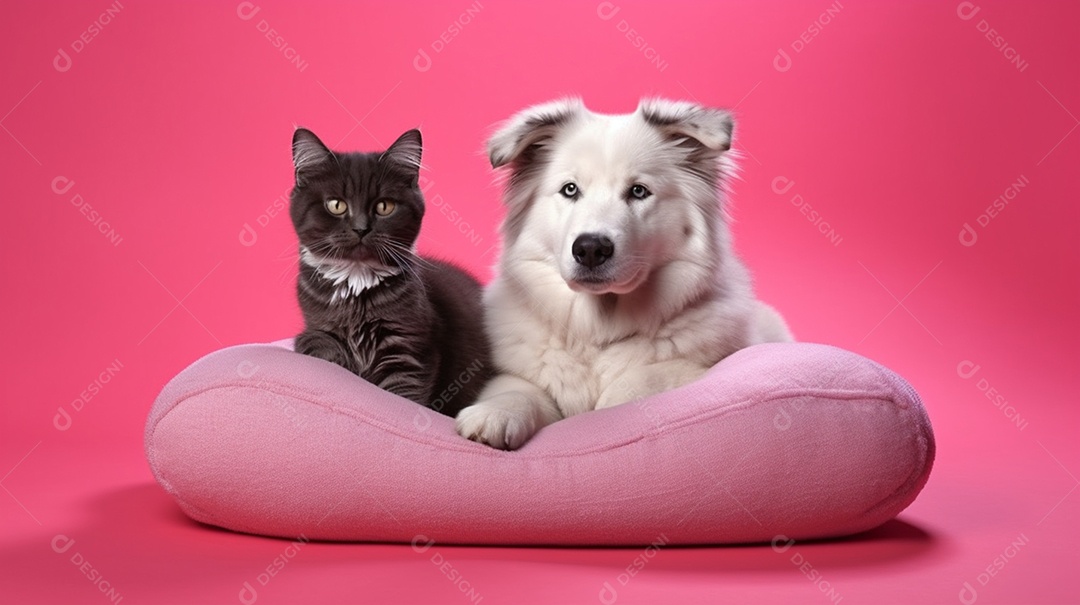 Filhotes de gato e cachorro deitados em fundo rosa