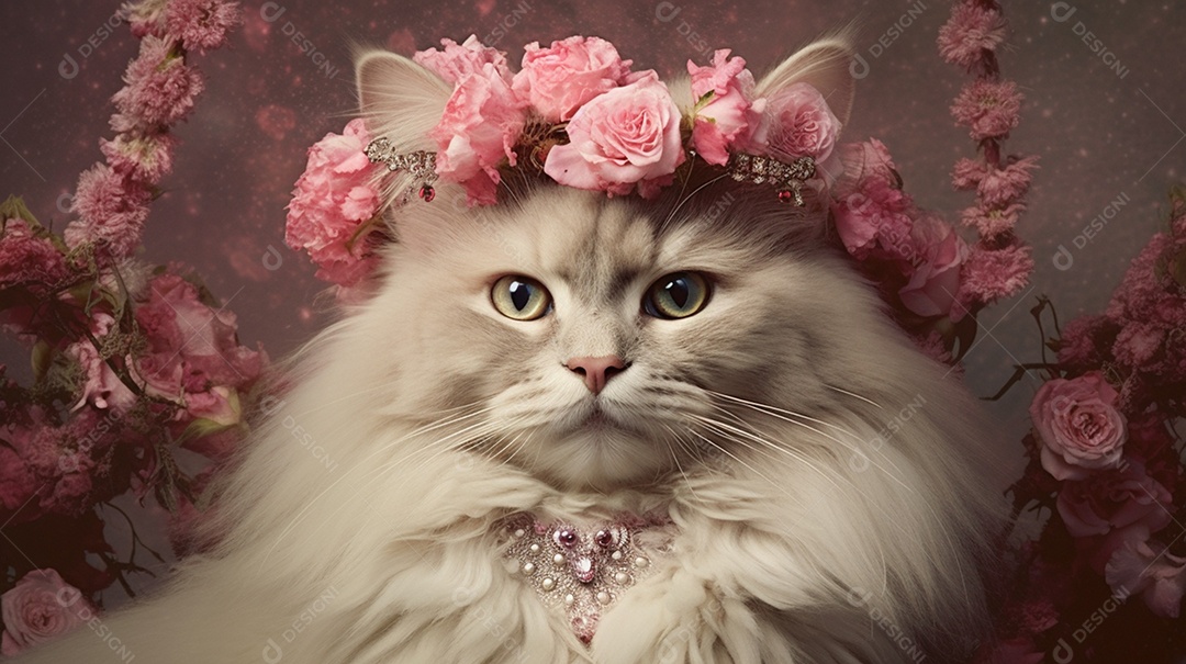 Gatinha fofa com tiara de flores rosas