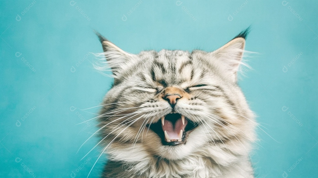 Gato sorridente em fundo azul