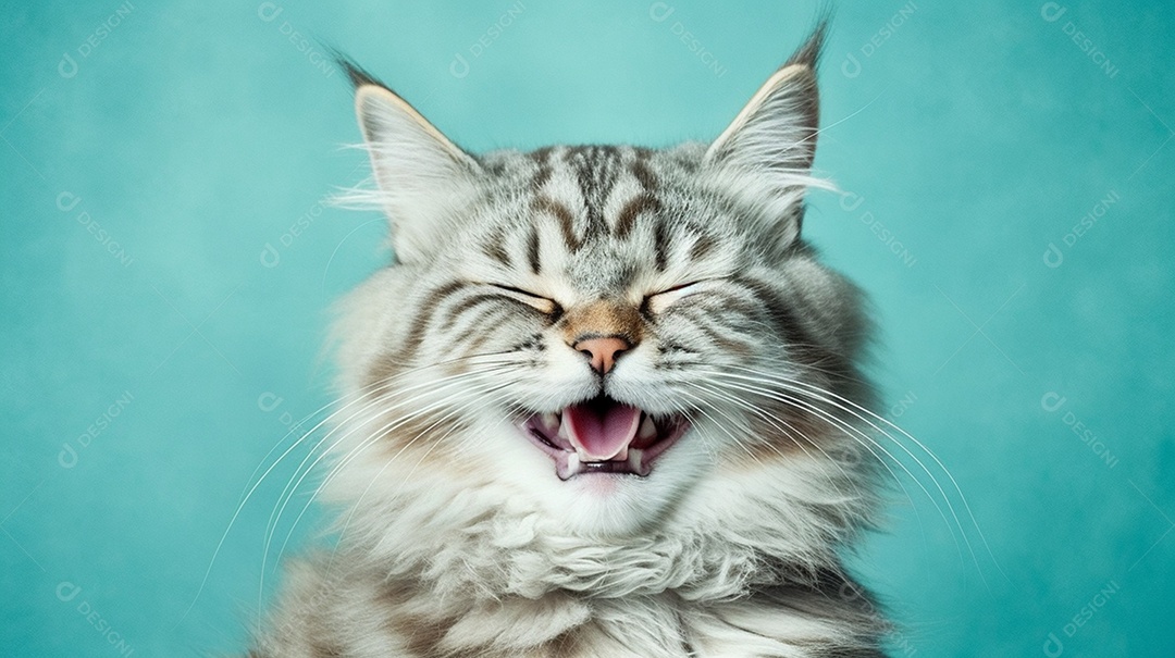 Gato sorridente em fundo azul