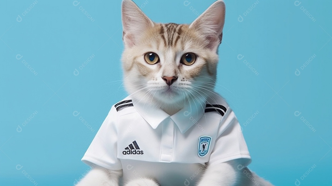 Gato branco com camiseta em fundo azul