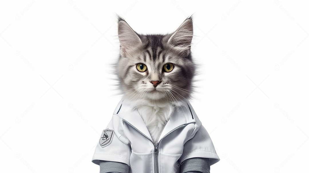 Gato branco com camiseta em fundo branco