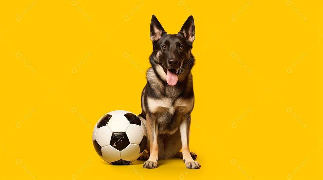 Cachorro Pastor-alemão com bola de futebol em fundo amarelo