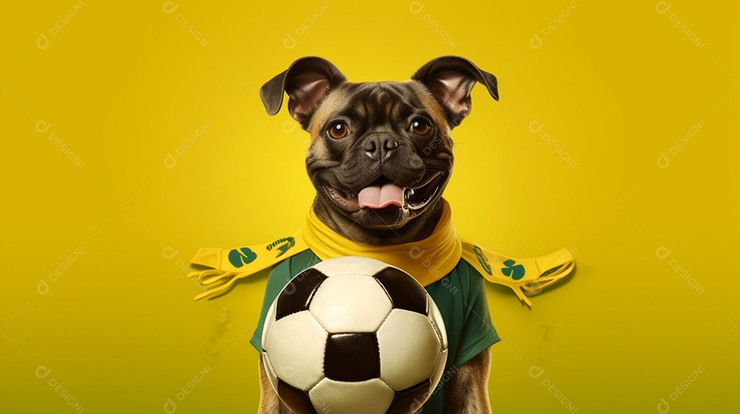 Cachorro bulldog francês com bola de futebol em fundo amarelo