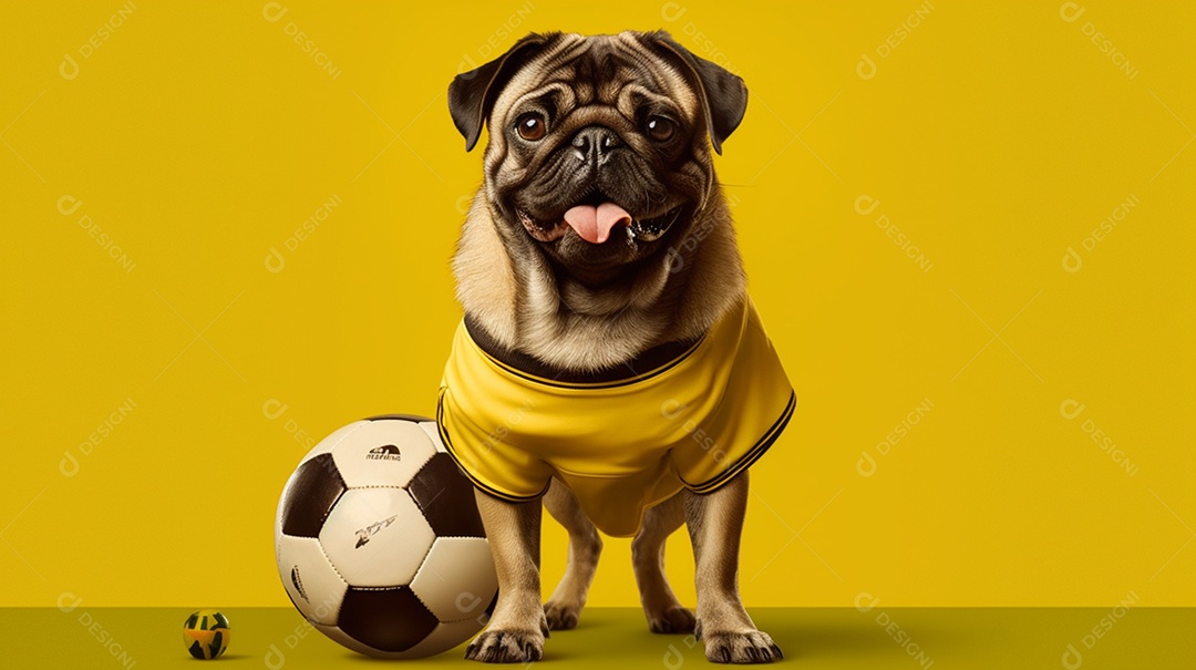 Cachorro pug francês com bola de futebol em fundo amarelo