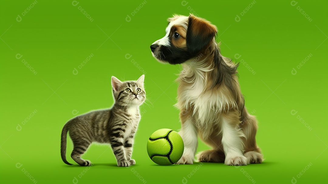 Cachorro e gato com bola em fundo verde