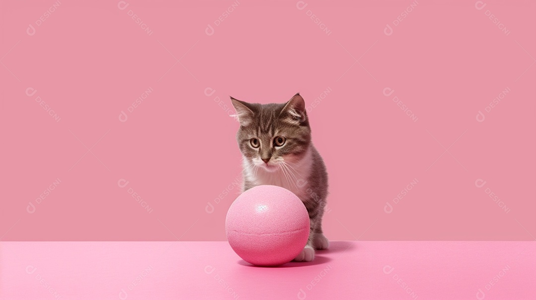 Filhote de gato fofo com bola em fundo rosa