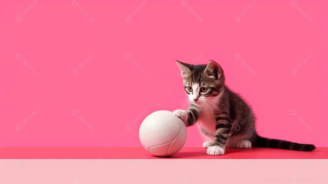 Filhote de gato fofo com bola em fundo rosa