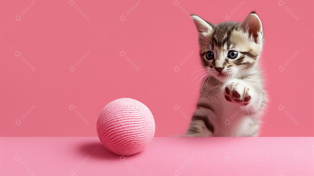Filhote de gato fofo brincando com bola em fundo rosa