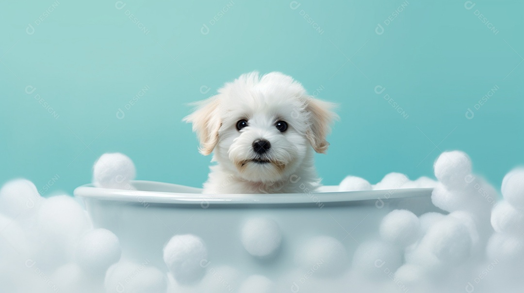 Cachorro filhote tomando banho na banheira de espuma