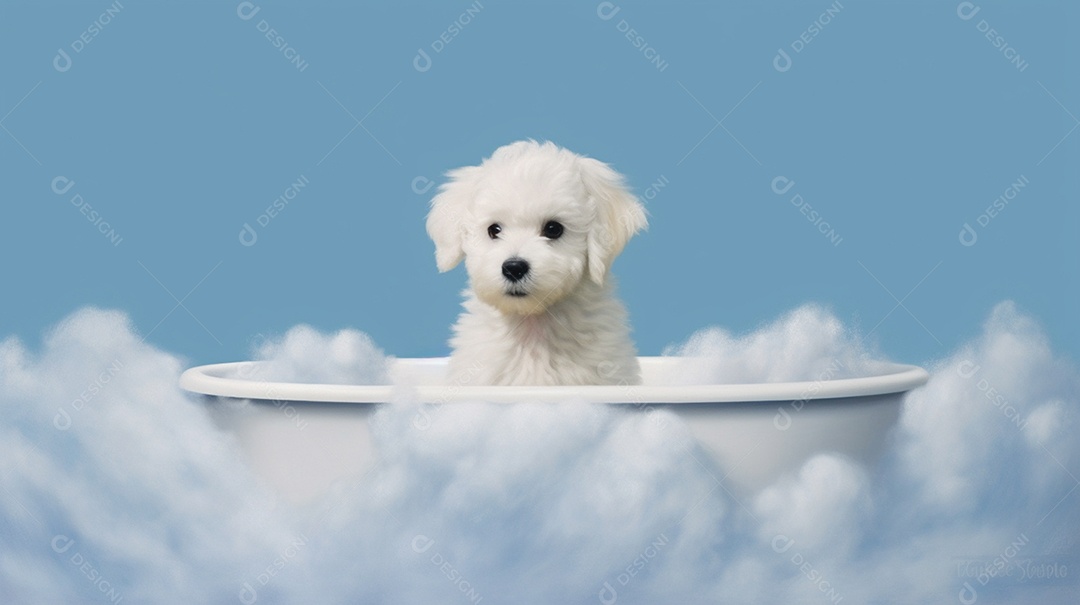 Cachorro filhote tomando banho na banheira de espuma