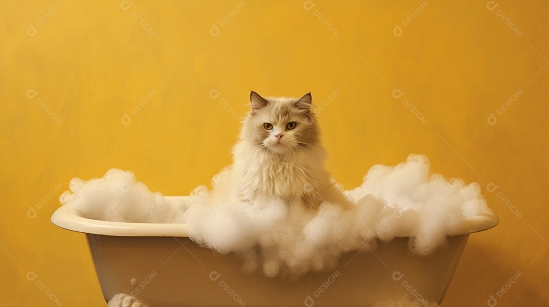 Gato fofinho na banheira de espuma em fundo amarelo