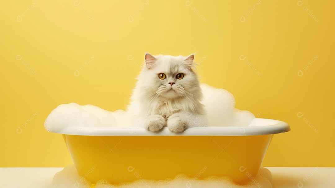 Gato fofinho na banheira de espuma em fundo amarelo