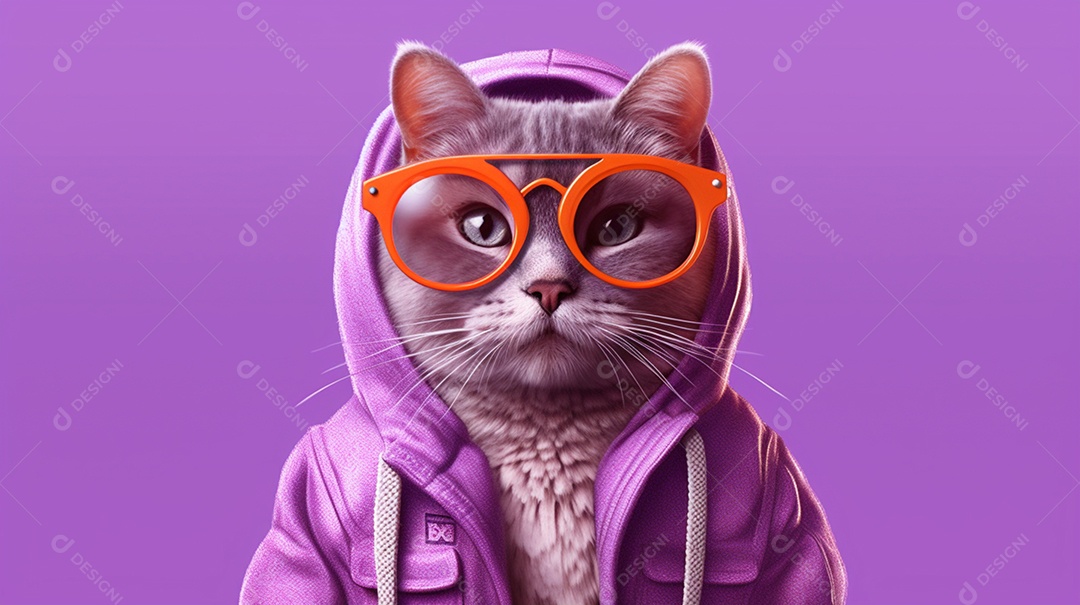 Gato estiloso com óculos em fundo roxo