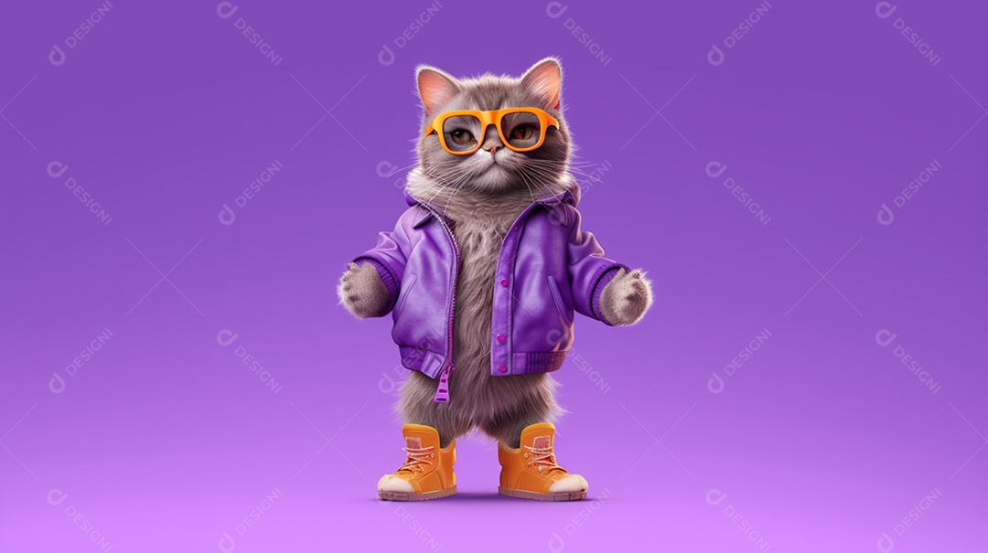 Gato estiloso com óculos em fundo roxo