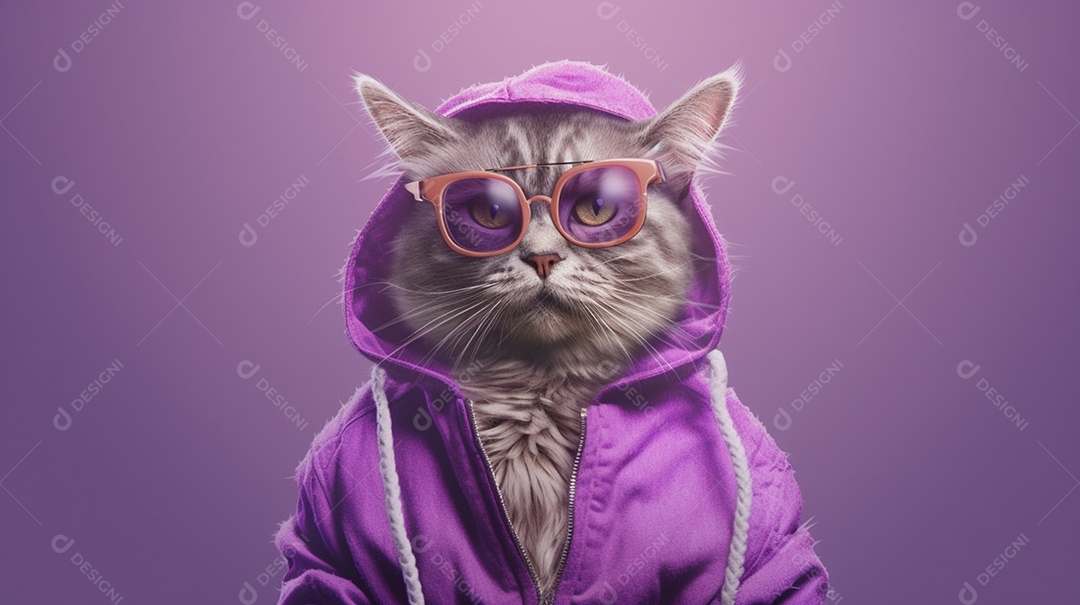 Gato estiloso com óculos em fundo roxo