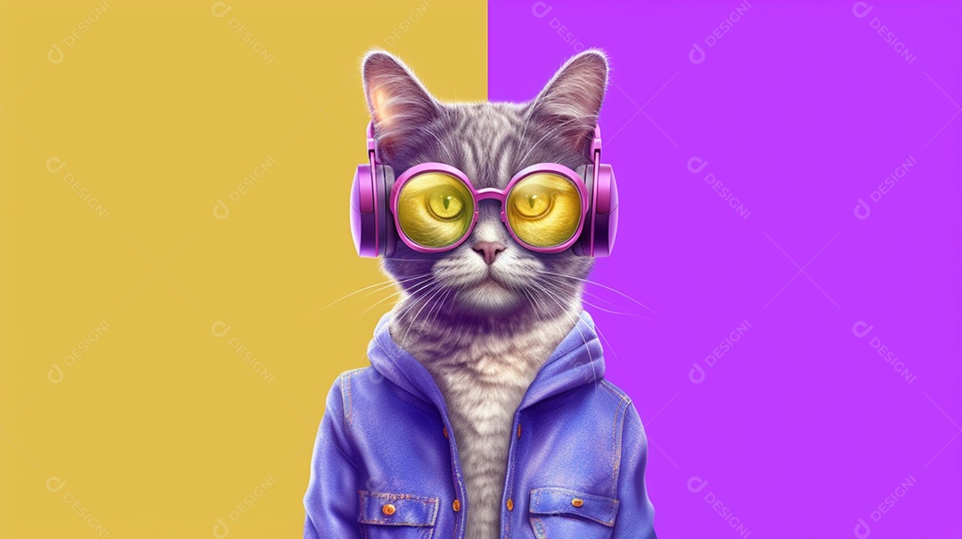 Gato estiloso com óculos em fundo roxo e amarelo