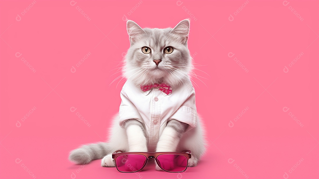Gato estiloso com óculos em fundo roso