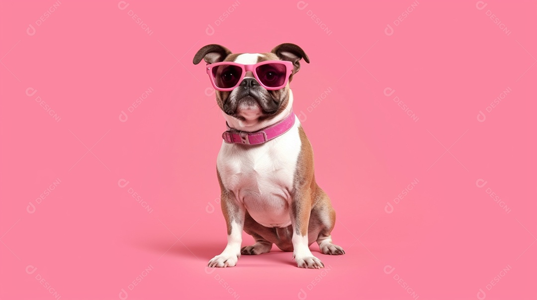 Cachorro estiloso com óculos escuro em fundo rosa