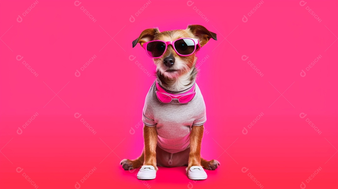 Cachorro estiloso com óculos escuro em fundo rosa