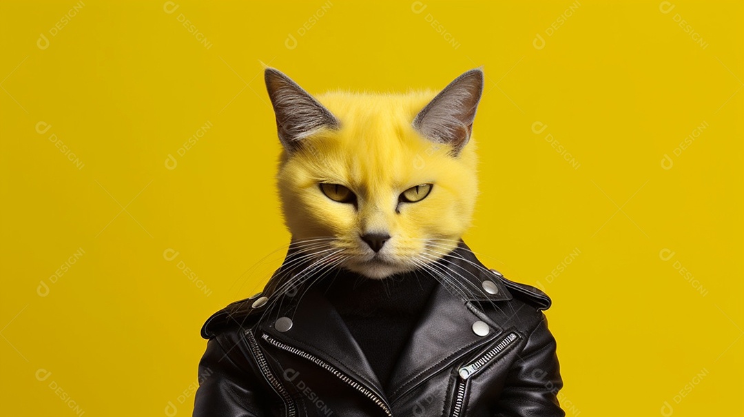 Gato estiloso com jaqueta preta em fundo amarelo