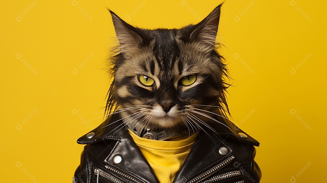 Gato estiloso com jaqueta preta em fundo amarelo