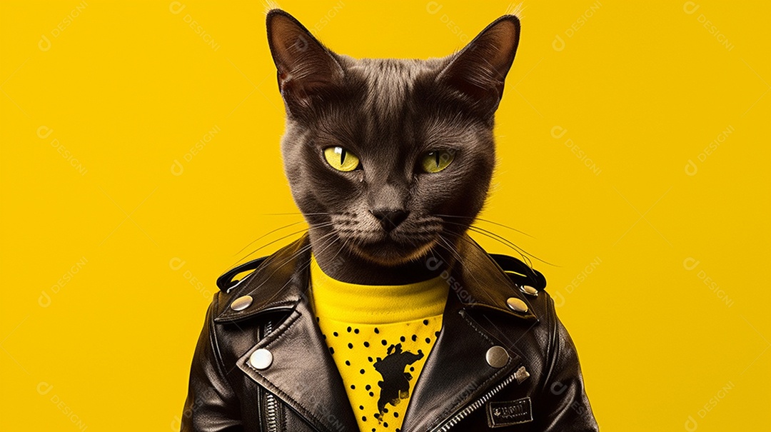 Gato estiloso com jaqueta preta em fundo amarelo