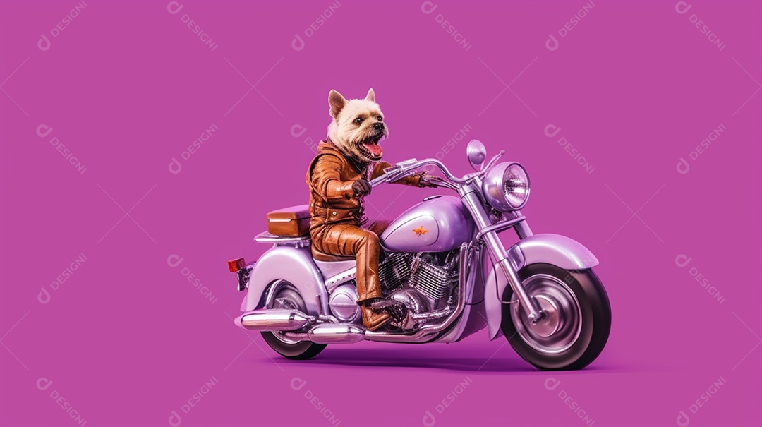 Cachorro andando de moto em fundo lilás