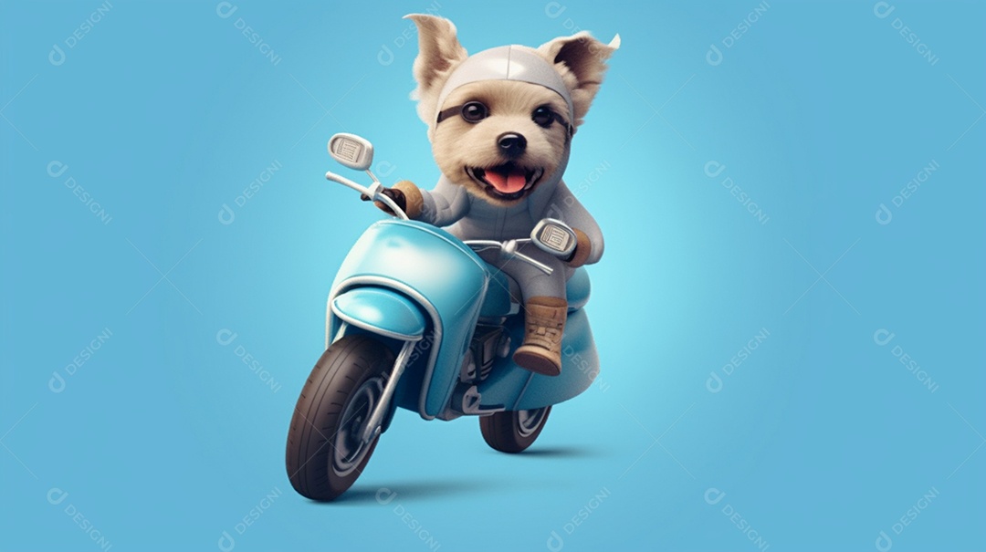 Cachorro andando de moto em fundo azul