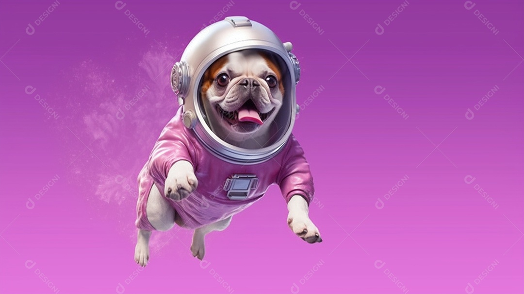 Cachorro pug com capacete de astronauta em fundo roxo