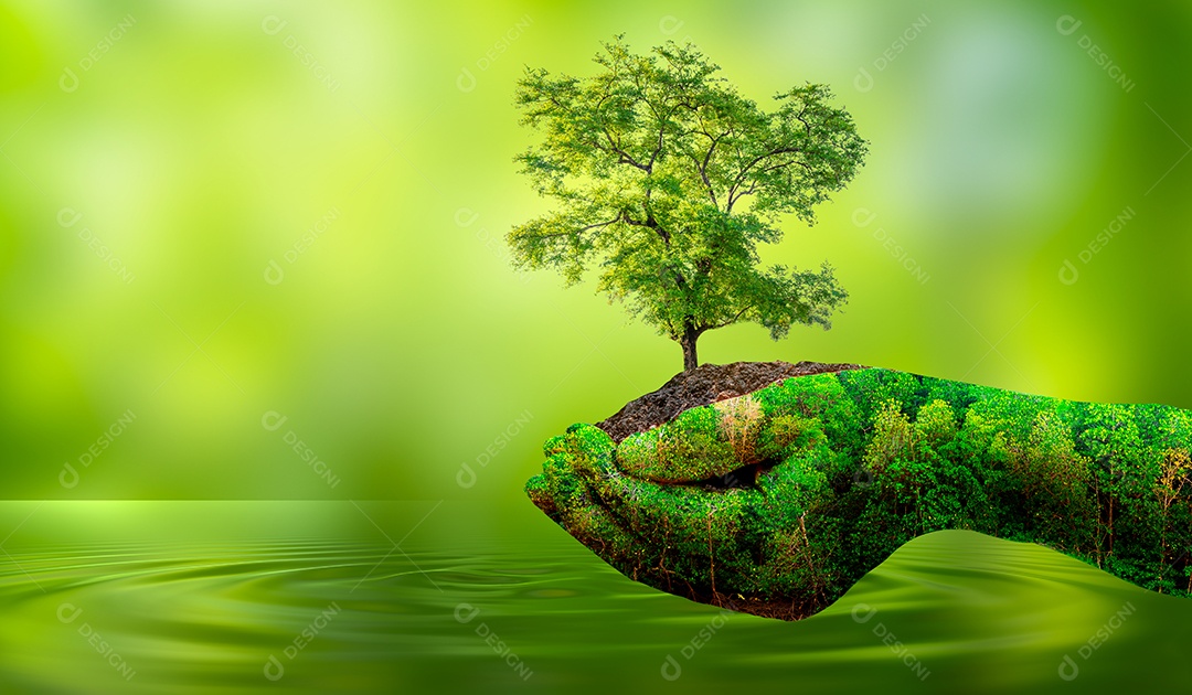 Dia da Terra nas mãos de árvores que cultivam mudas fundo verde bokeh