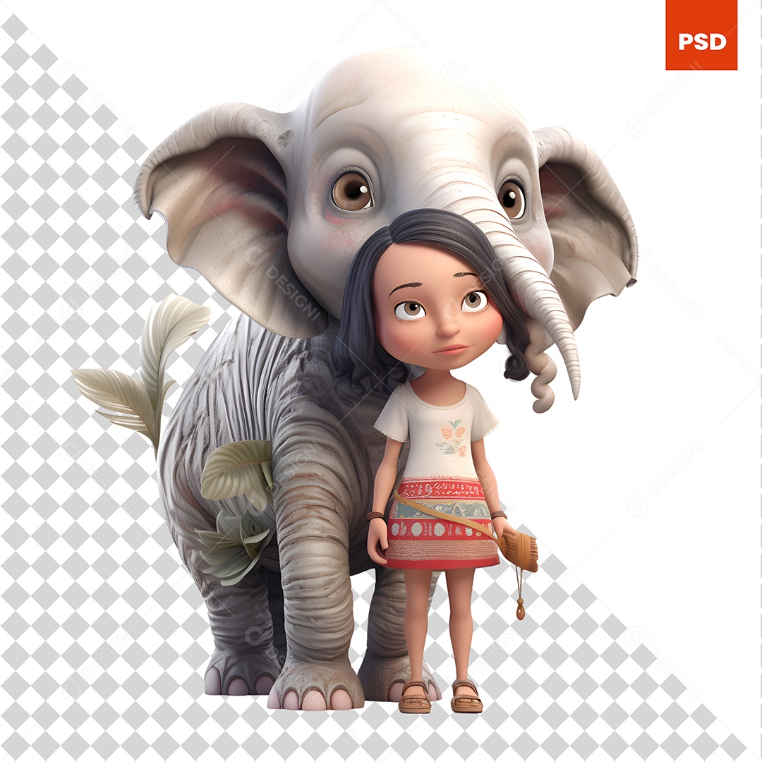 Garota Com um Elefante Personagem 3D Para Composição PSD