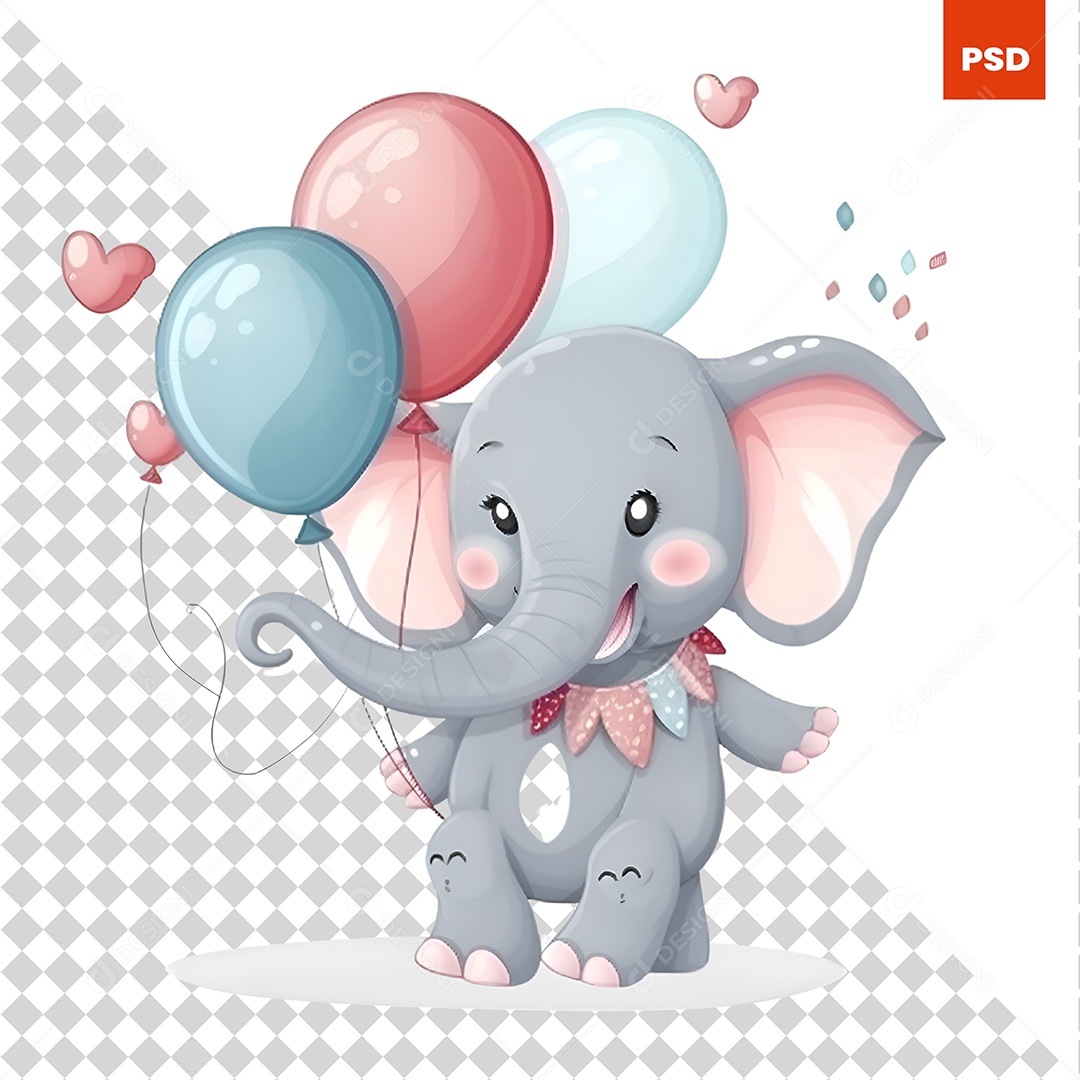 Baby Elephant With Balloons PSD Vector Illustration