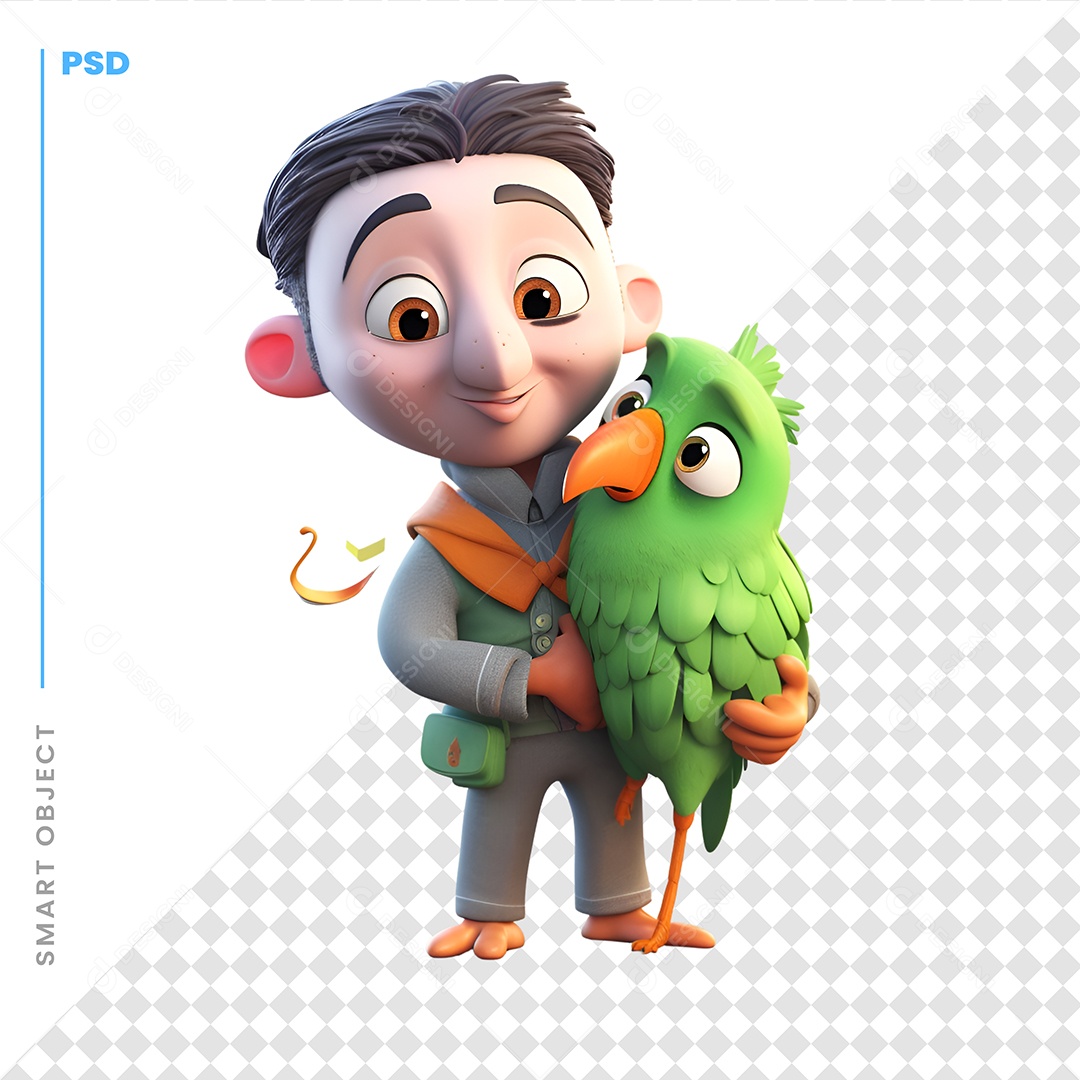 Garoto Com Um Papagaio Personagem 3D Para Composição PSD