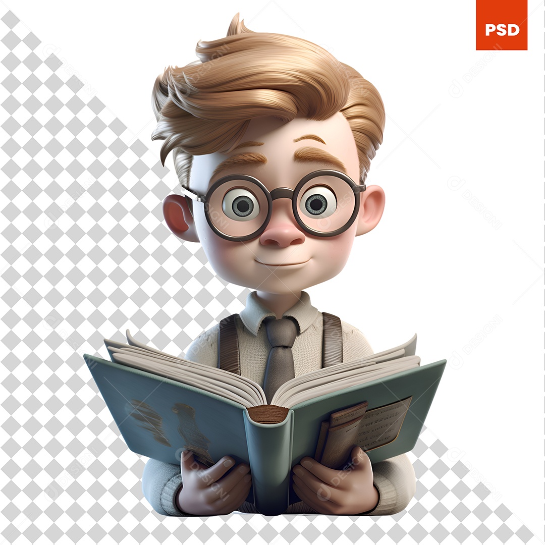 Garoto De Óculos Lendo Livro Personagem 3D Para Composição PSD