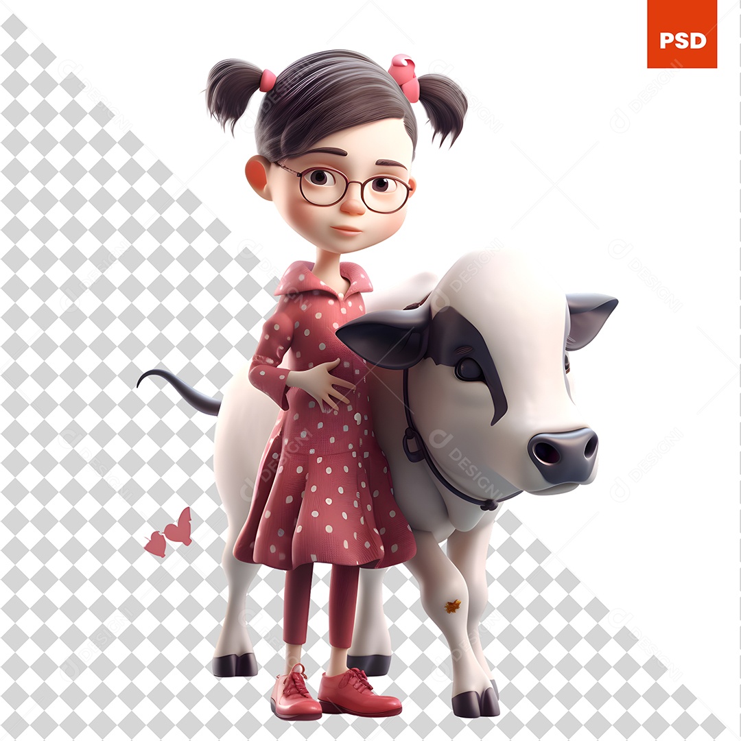 Garoto Com Vaca Personagem 3D Para Composição PSD