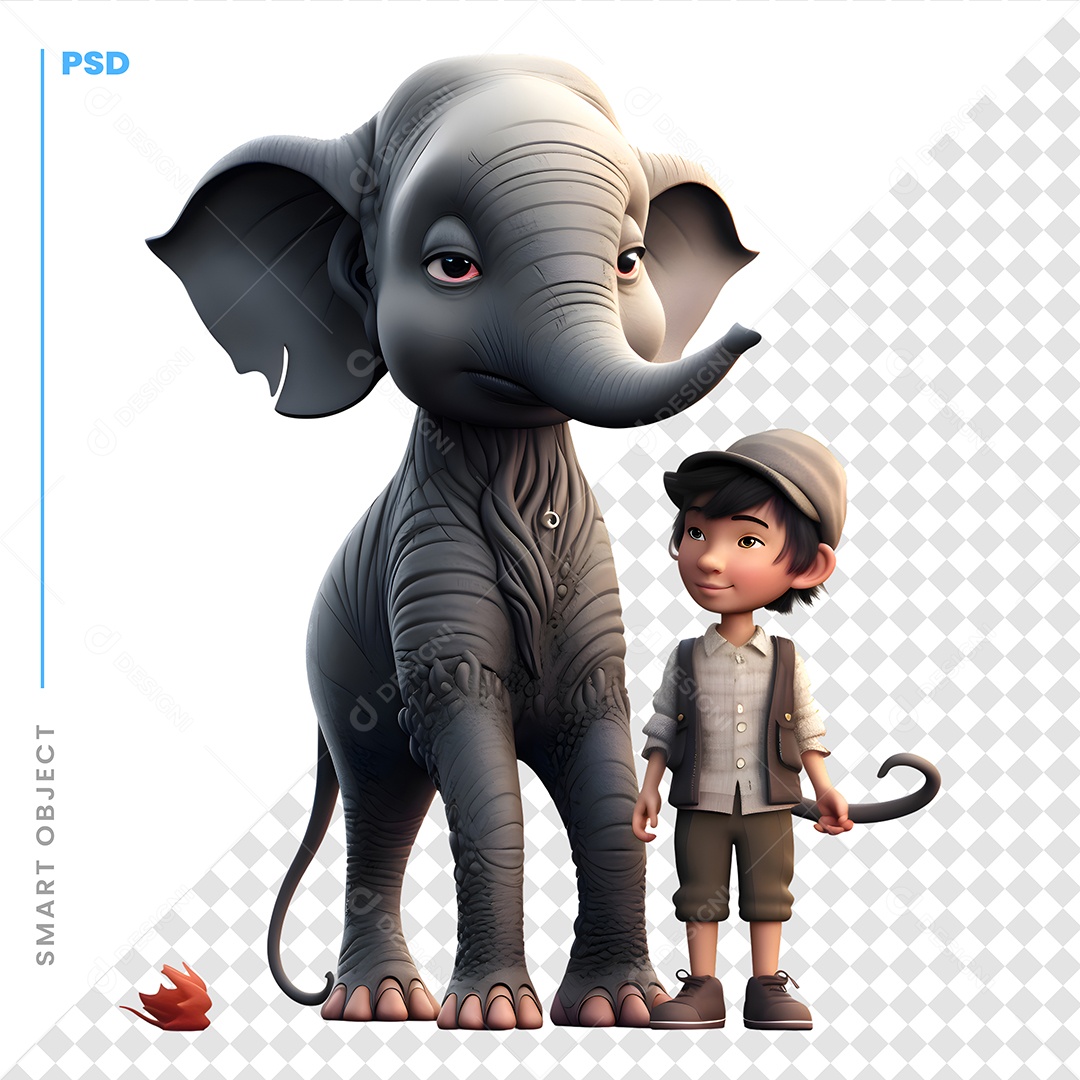 Garoto Com Um Elefante Personagem 3D Para Composição PSD