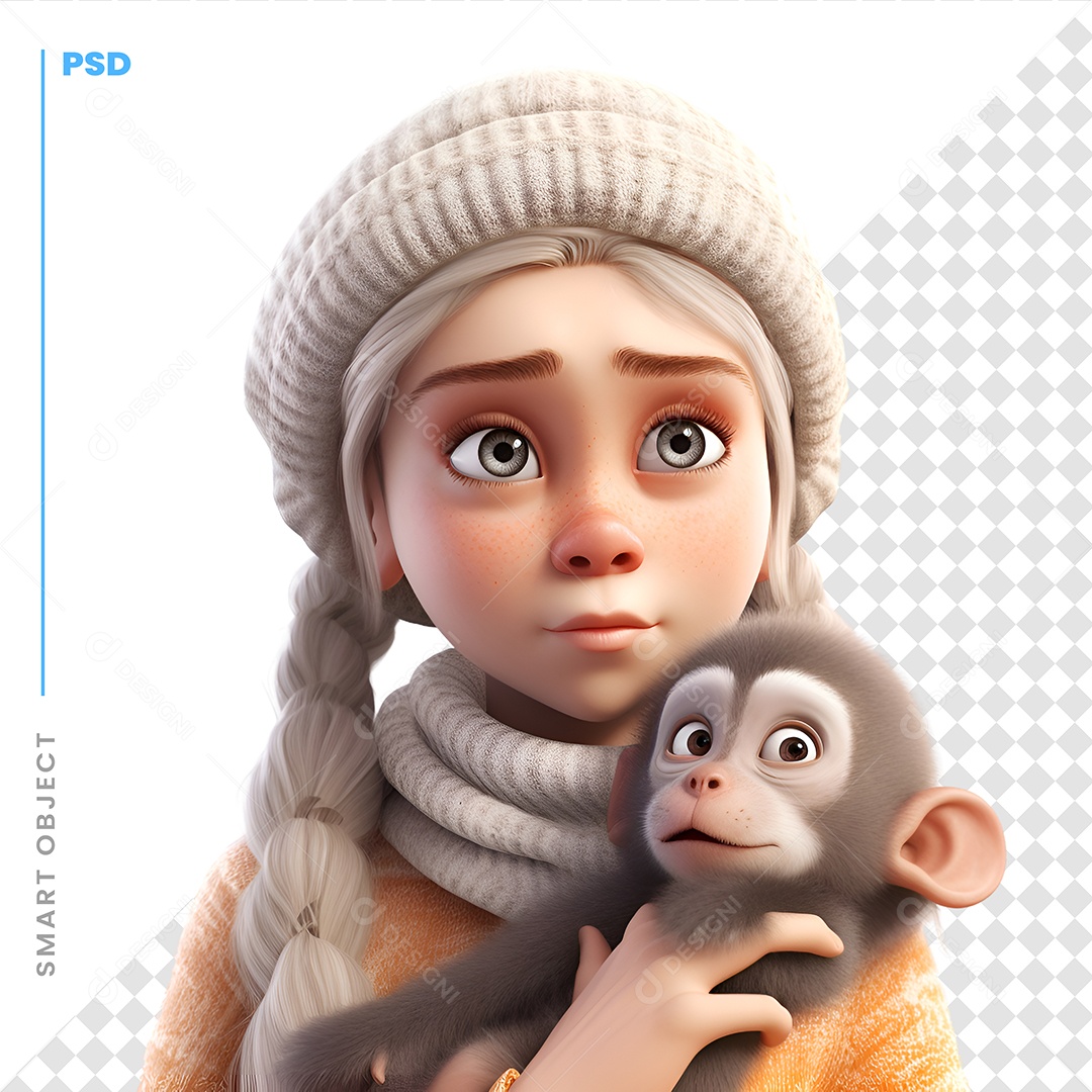 Menina Com Um Macaco Personagem 3D Para Composição PSD