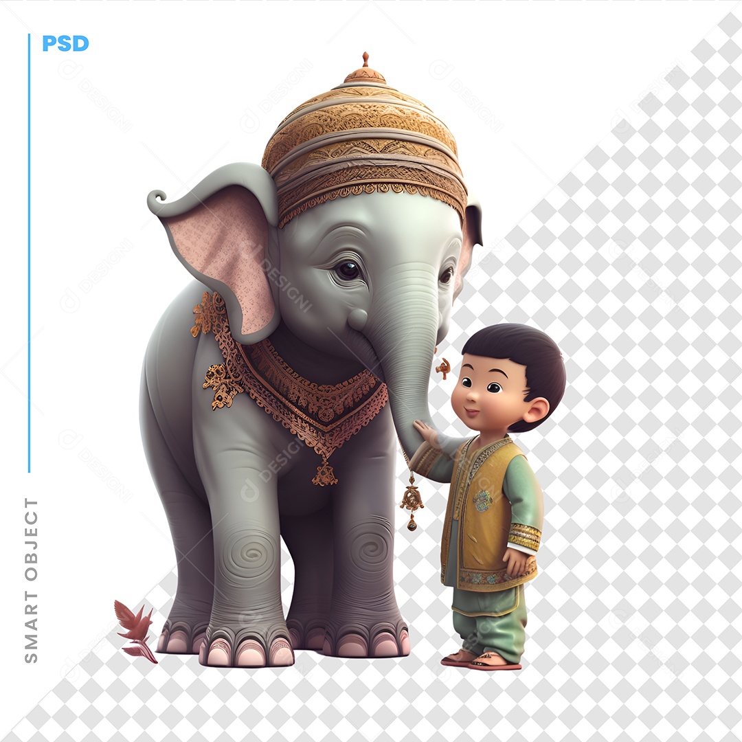 Garoto Com Um Elefante Personagem 3D Para Composição PSD