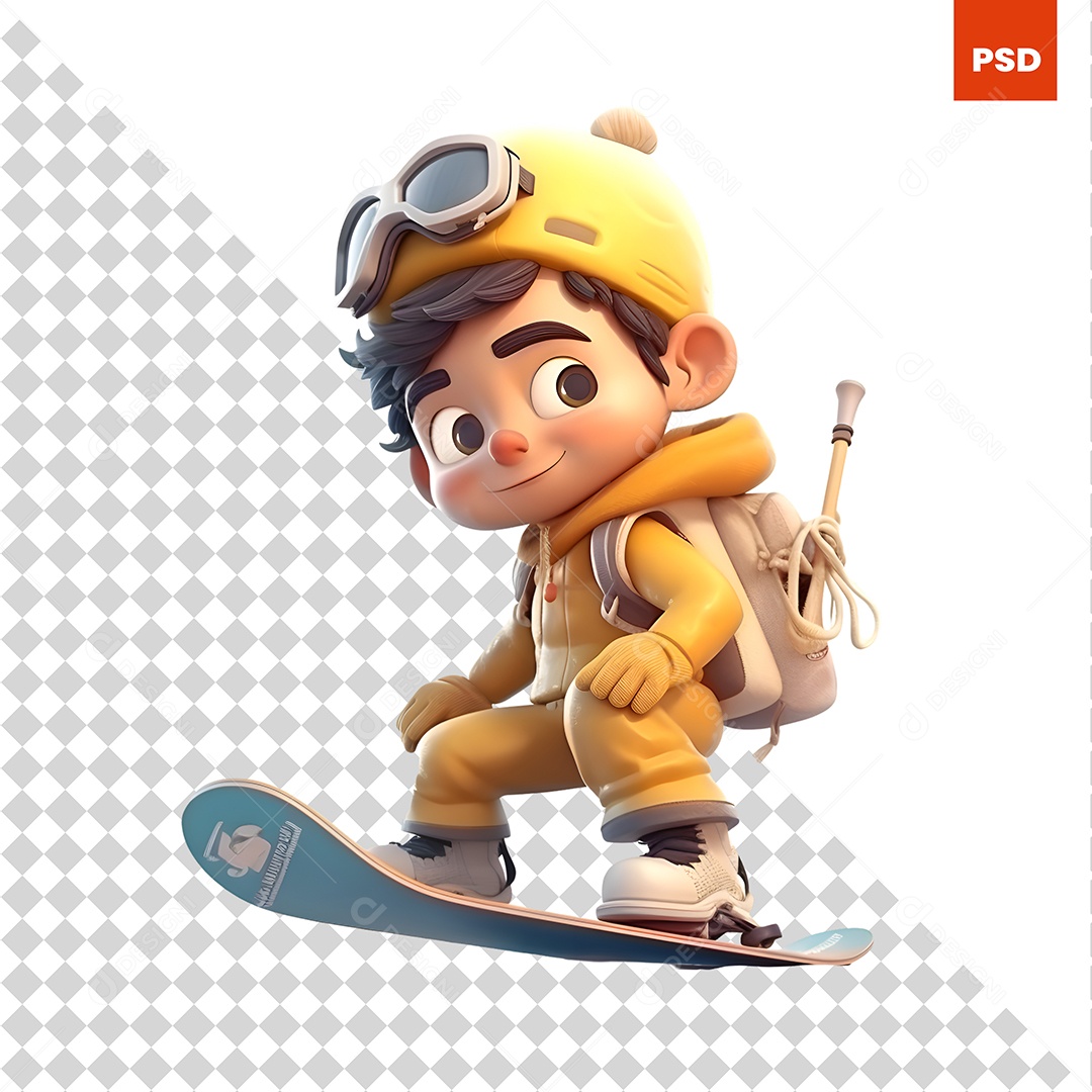 Garoto Praticando Snowboard Personagem 3D Para Composição PSD