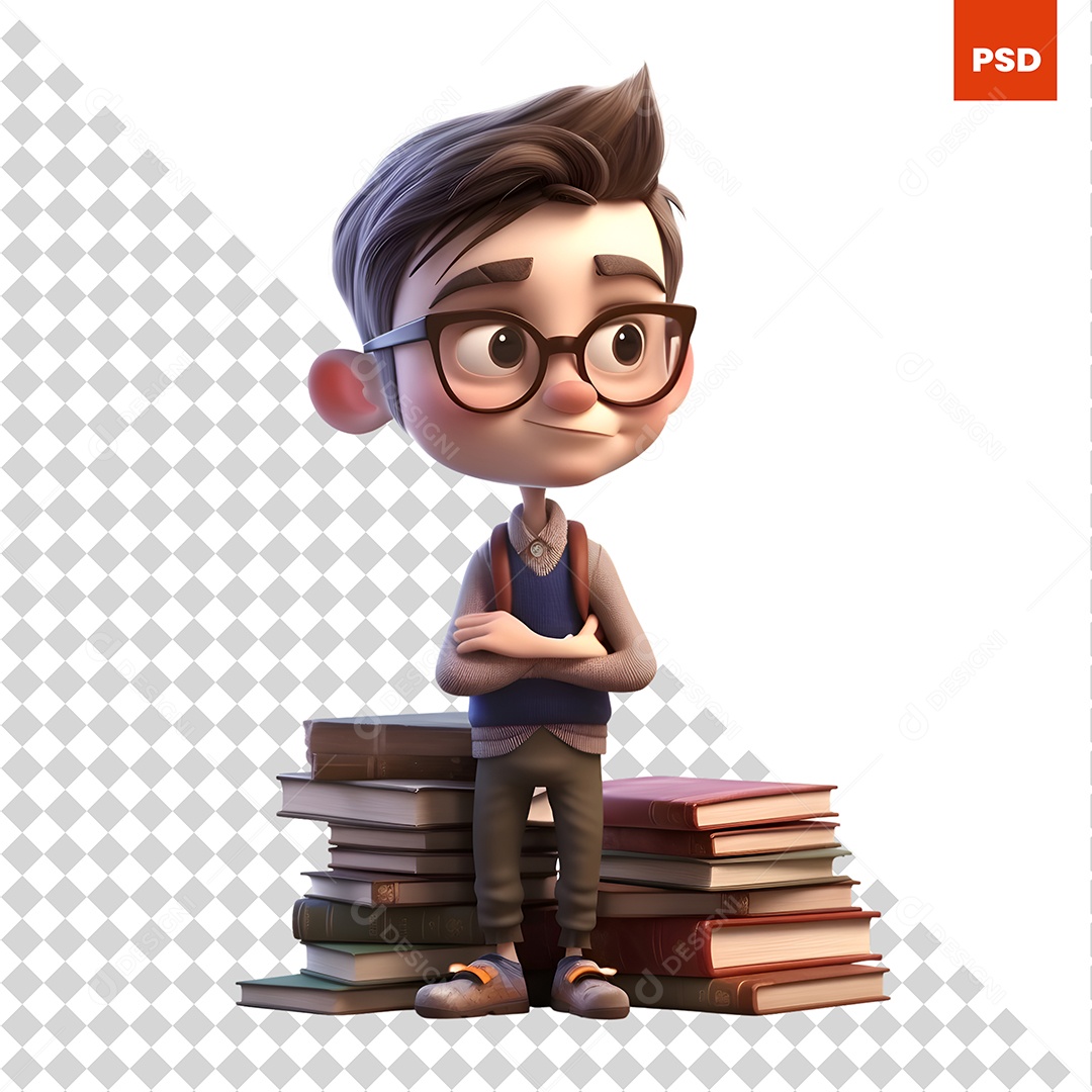Garoto Com Livros Personagem 3D Para Composição PSD