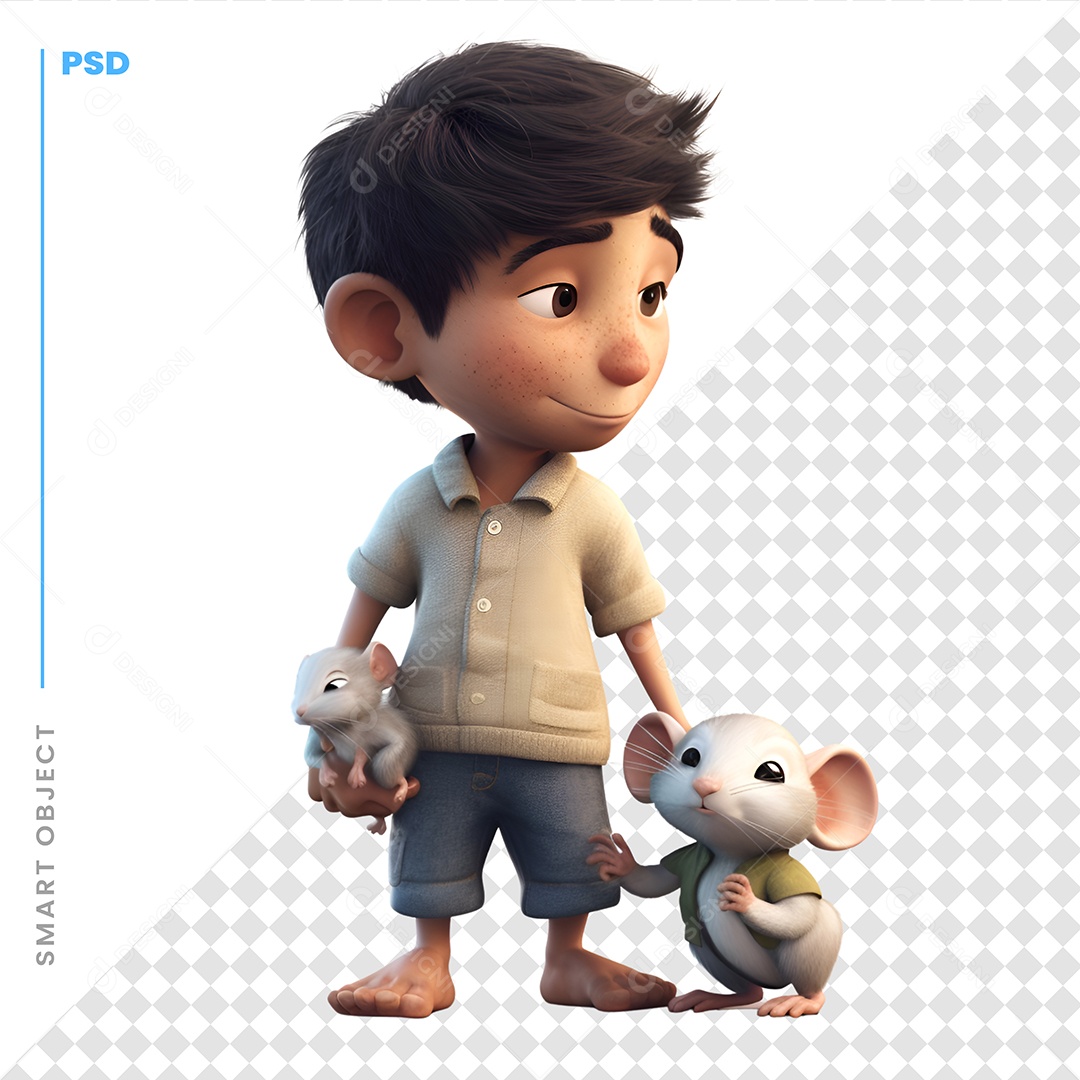 Garoto Com Um Rato Personagem 3D Para Composição PSD