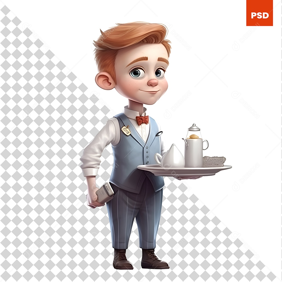 Garçom Personagem 3D Para Composição PSD