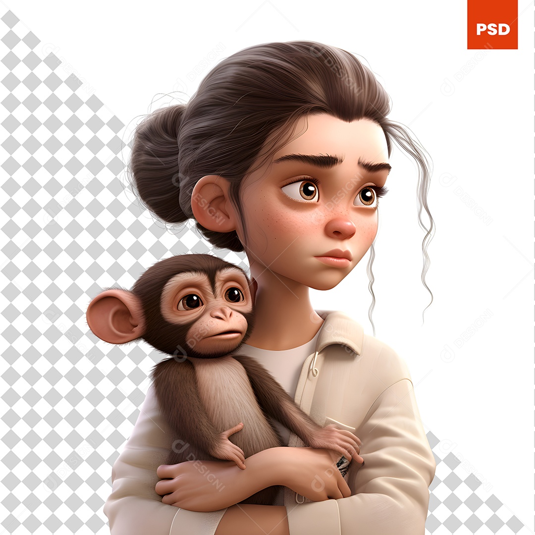 Garota Segurando Uma Macaco Personagem 3D Para Composição PSD