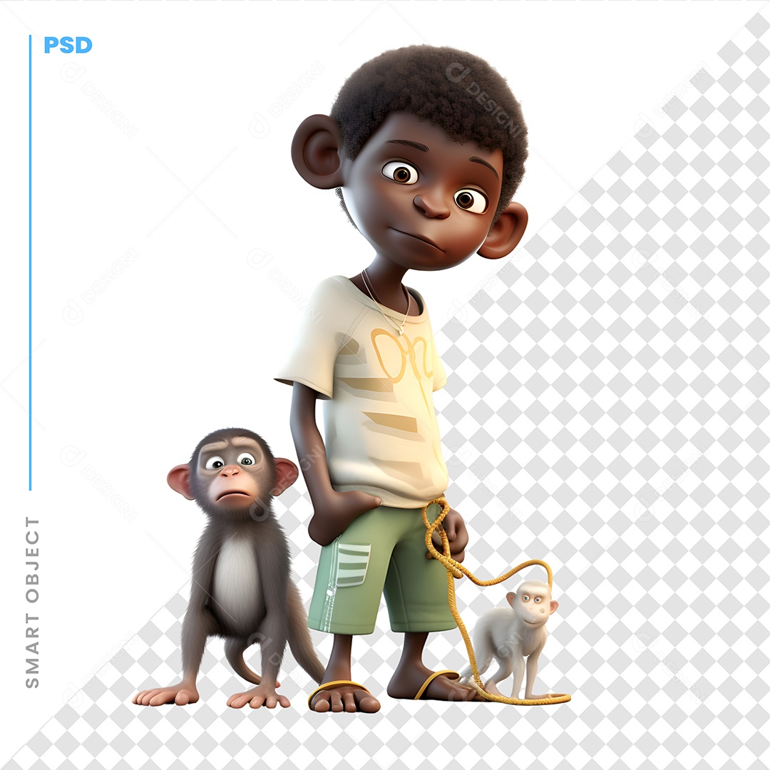 Garoto Com Um Macaco Personagem 3D Para Composição PSD