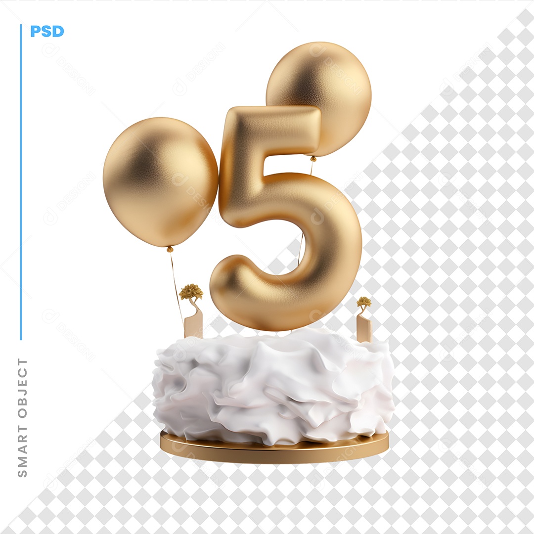 Bolo de 5 Anos Com Creme Branco e Balões Dourados PSD