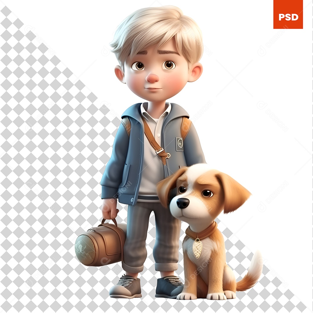 Garoto Com Um Cachorro Personagem 3D Para Composição PSD