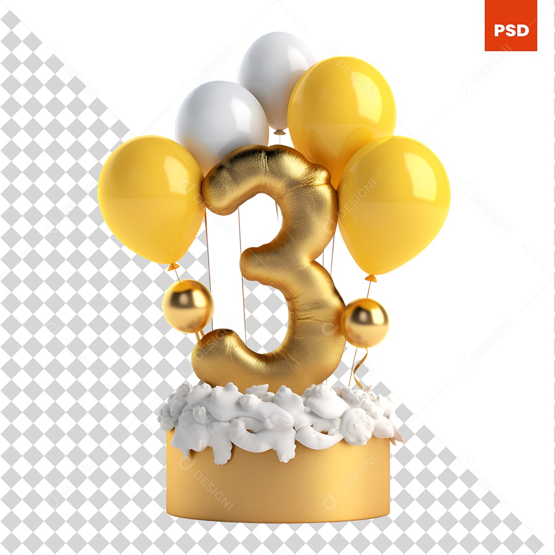 Balões Em Cima De Bolo De Aniversario Com Número 3 PSD
