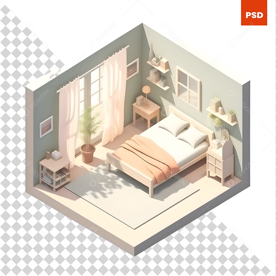 Vista Isométrica Interior do Quarto Ilustração Vetorial 3D PSD